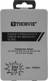TDBS13 Набор спиральных сверл по металлу HSS TiN в металлическом кейсе, d1.5-6.5 мм, 13 предметов