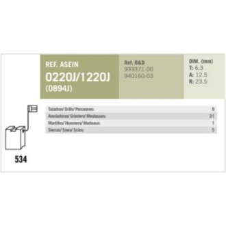 Комплект графитовых щеток Black Decker/DeWalt oem 933371-00/940160-03/933371-00/940160-03/1003878-00 Asein 0220J
