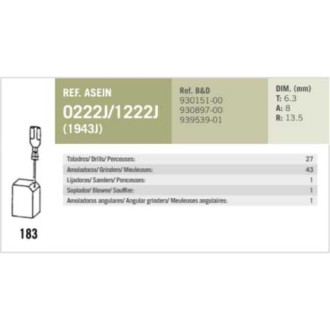 Комплект графитовых щеток Black Decker/DeWalt oem 930151-00/930897-00/939539-01/939539-01/930151-00/1003859-00 Asein 1222J