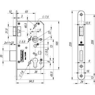 Корпус врезного замка для противопожарных дверей Fuaro FL-0434