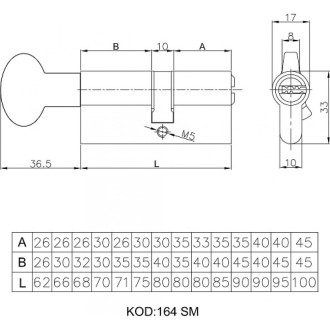 Цилиндровый механизм KALE KILIT 164 SM/62 (26+10+26) мм