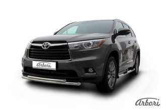 Защита переднего бампера d57+d42 двойная радиусная Arbori нерж. сталь для TOYOTA Highlander 2014-2016 / Тойота Хайлендер