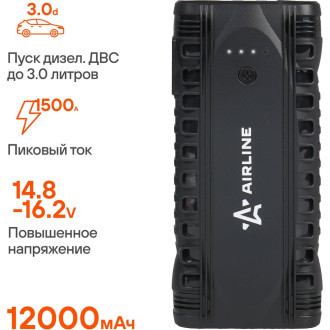 Аккумулятор пусковой (Booster) 12000мАч, 750А, 14.8V, умные провода, пуск ДВС 3.0d, кейс AEAB006 AIRLINE