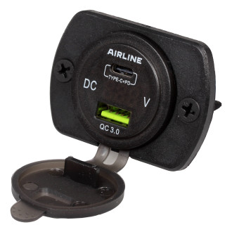 Розетка USB встраиваемая влагозащ. с 2 портами и вольтметром (5В, QC3.0 + Type-c PD) AEBJ200 AIRLINE