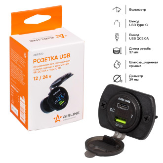 Розетка USB встраиваемая влагозащ. с 2 портами и вольтметром (5В, QC3.0 + Type-c PD) AEBJ200 AIRLINE