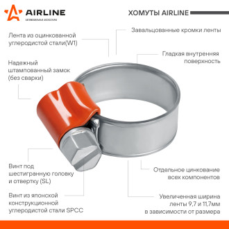 Хомут 32-44/11,7 мм, червячный, усиленный, W1 (оцинк.), 1 шт. AHC-S-13 AIRLINE