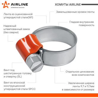 Хомут 32-44/11,7 мм, червячный, усиленный, W1 (оцинк.), 1 шт. AHC-S-13 AIRLINE