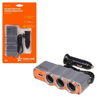 Прикуриватель-разветвитель 3 гнезда + USB (оранжевый) ASP-3U-03 AIRLINE