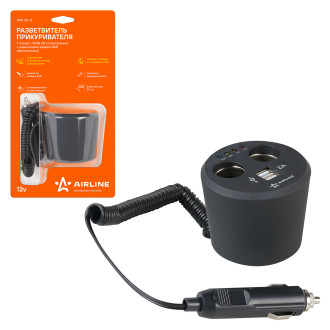 Прикуриватель-разветвитель 2 гнезда + 2USB в подстаканник с индикат.заряд.АКБ обрезин. ASP-2U-12 AIRLINE