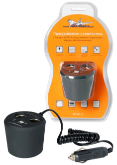 Прикуриватель-разветвитель 2 гнезда + 2USB в подстаканник с индикат.заряд.АКБ обрезин. ASP-2U-12 AIRLINE
