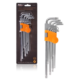 Набор Г-образных ключей TORX инбус с отв. удлинённых 9 предметов (Т10, Т15, Т20, Т25, Т27, Т30, Т40, Т45, Т50) пласт.подвес AT-9-21 AIRLINE