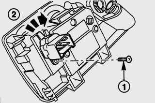 Расположение болта (1) крепления переключателя и направление поворота (2) при одновременном нажатии для снятия переключателя с блока управления