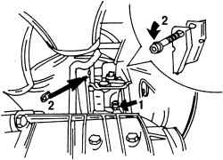 Места расположения болтов (1 и 2) крепления подвески коробки передач