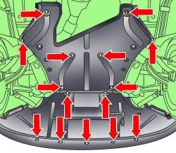 Расположение фиксаторов крепления нижнего брызговика моторного отсека