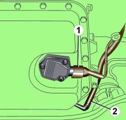 Расположение электрического разъема датчика уровня моторного масла (1) и возвратного шланга (2) системы вентиляции картера