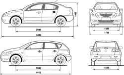 Габариты Мазда 3 (2004-2008), масса и вес
