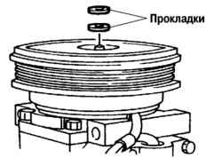 Установка новой прокладки между нажимным диском и шкивом компрессора
