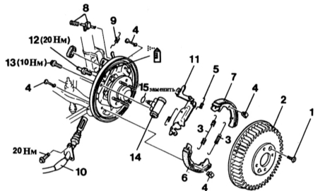 Снятие и установка задних тормозных колодок/тормозного барабана Mazda 323