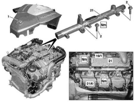 Снятие и установка топливной распределительной магистрали и форсунок Mercedes-Benz W163