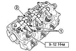 Установка оси коромысел, коромысел (1) и пружин (2) коромысел на головку блока цилиндров