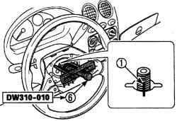 Место нанесения меток (1) совмещения на рулевом колесе и рулевом валу и использование съемника DW 310—010 для снятия рулевого колеса