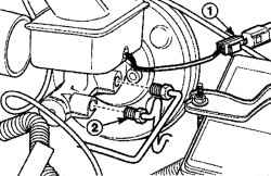 Расположение электрического разъема (1) и штуцеров (2) крепления тормозных трубок к главному тормозному цилиндру
