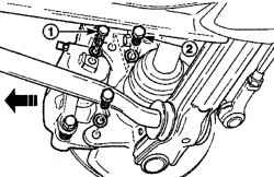 Расположение пустотелого болта (1) крепления тормозного шланга и болтов (2) крепления суппорта в сборе к поворотному кулаку
