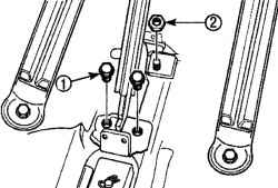 Расположение болта (1) и гайки (2) крепления рычага стояночного тормоза