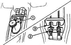 Снятие шкива троса (1) и крепления (3) и расположение регулировочной гайки (2)