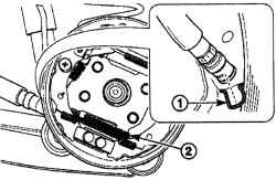 Расположение зажима (1) крепления троса к защитному кожуху заднего тормоза и крепление троса (2) к задней тормозной колодке