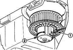 Расположение электрического разъема (1) и направление поворота двигателя вентилятора (2) для его снятия
