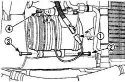 Расположение электрического разъема (1), верхнего (4) и нижних (2, 3) болтов крепления компрессора к кронштейну