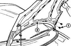 Расположение болтов (1) крепления шарниров капота (2)